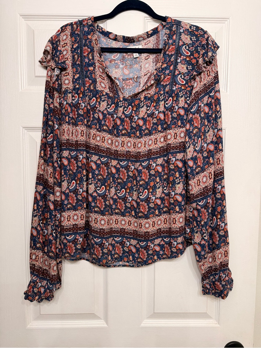 Wonderly Navy Paisley Ruffle Peasant Blouse XXL Boho